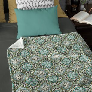 Mint Green Turquoise Hip Bohemian Bali Art Motif Fleece Blanket