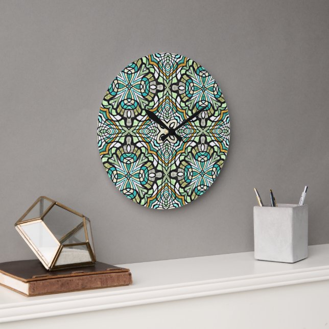 Mint Green Turquoise Hip Bohemian Bali Art Motif Large Clock (Office)