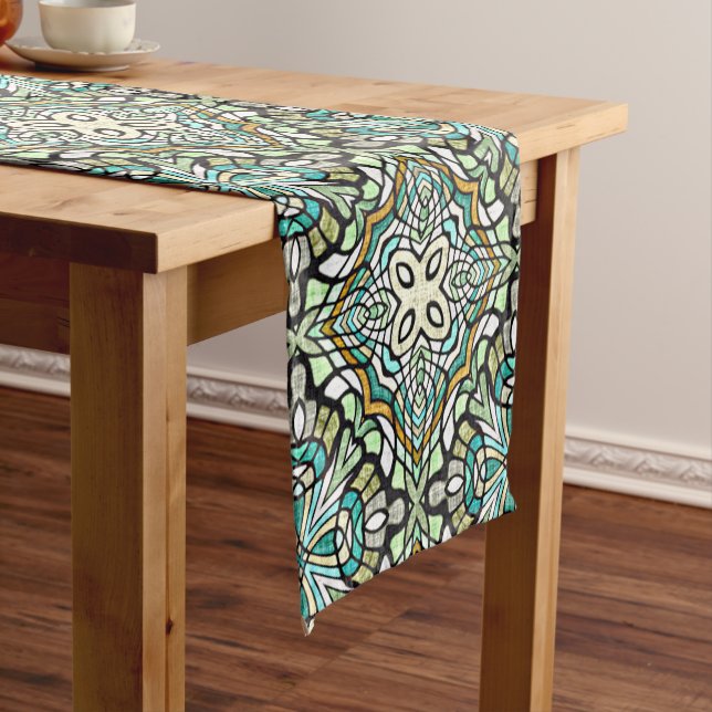 Mint Green Turquoise Hip Bohemian Bali Art Motif Short Table Runner (In Situ)