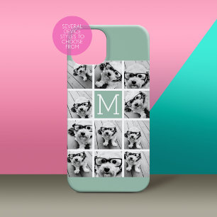 Mint Green Unique Photo Collage Custom Monogram iPhone 15 Case