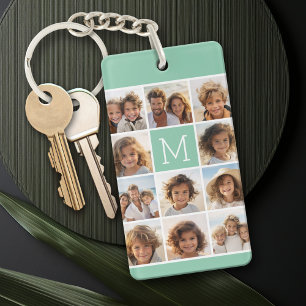 Mint Green Unique Photo Collage Custom Monogram Key Ring