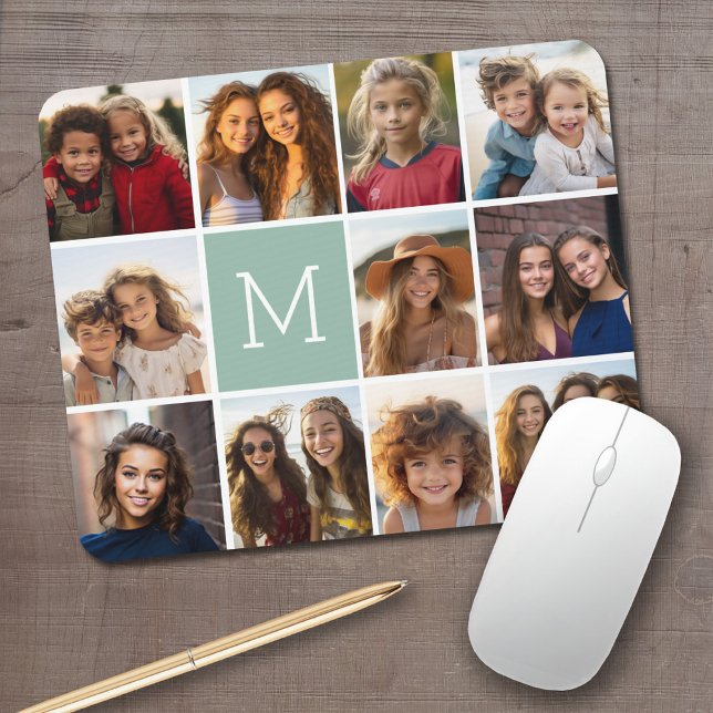 Mint Green Unique Photo Collage Custom Monogram Mouse Pad (Personalized mouse pad with your photos and text)