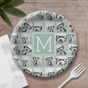 Mint Green Unique Photo Collage Custom Monogram Paper Plate