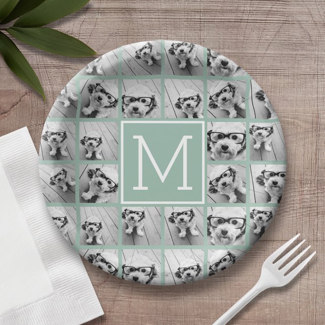 Mint Green Unique Photo Collage Custom Monogram Paper Plate (Personalized birthday plate with monogram and photo collage)