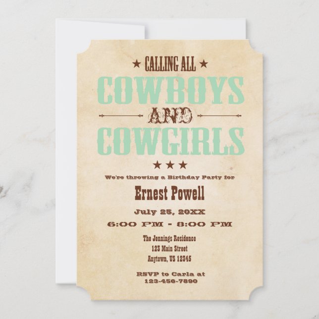 Mint Green Vintage Cowboy Birthday Invitation (Front)