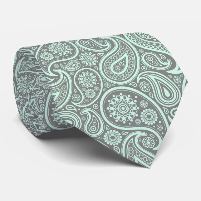 Mint-Green Vintage Paisley Custom Grey Background Tie (Rolled)
