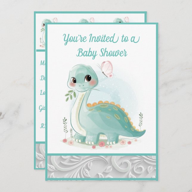 Mint Green Water Baby Dinosaur Shower Invitation (Front/Back)