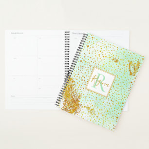 Mint green watercolor and gold confetti monogram planner