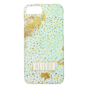 Mint green watercolor and gold foil confetti iPhone 8/7 case