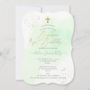 Mint Green Watercolor Baptism+1st Birthday Invitation