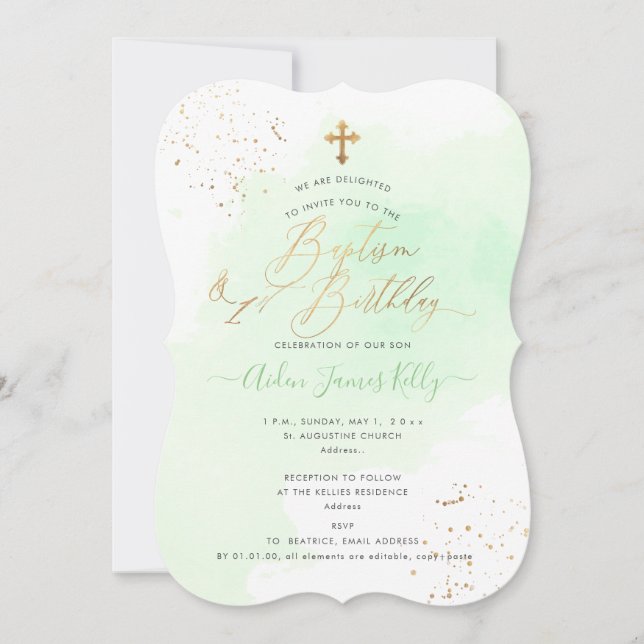Mint Green Watercolor Baptism+1st Birthday Invitation (Front)