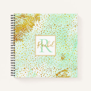 Mint green watercolor, gold confetti monogram notebook