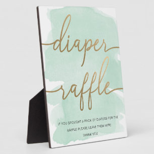 Mint Green Watercolor Gold Diaper Raffle Sign Plaque