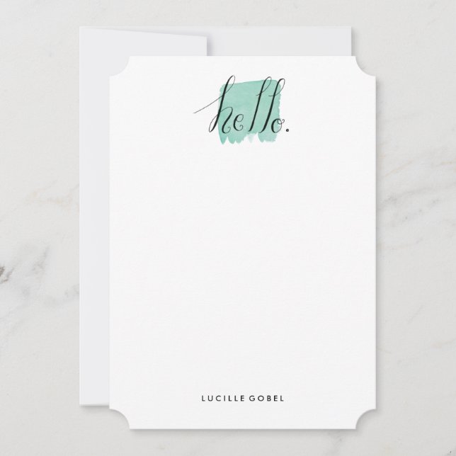 Mint Green Watercolor Hello Note Card (Front)