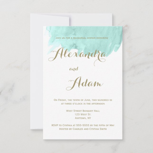 Mint green watercolor rehearsal dinner invitations (Front)