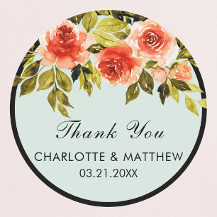 Mint Green Watercolor Roses Wedding Thank You Classic Round Sticker