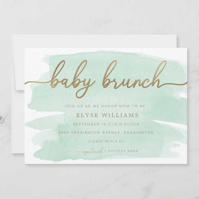 Mint Green Watercolour Gold Baby Brunch Invitation (Front)