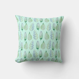 Mint Green Watercolour Leaves Pattern Cushion