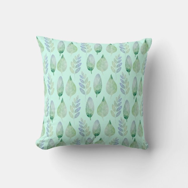 Mint Green Watercolour Leaves Pattern Cushion (Front)