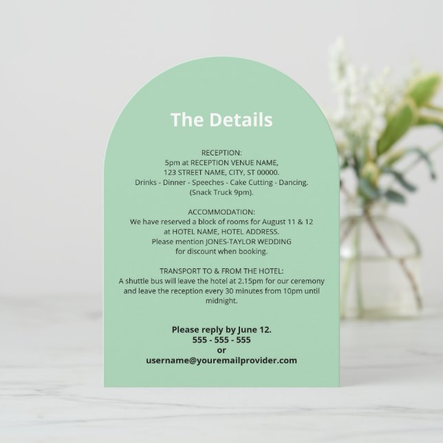 Mint Green Wedding Details Card (Standing Front)