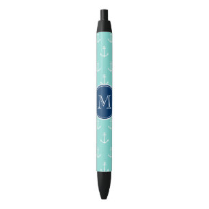 Mint Green White Anchors, Navy Blue Monogram Black Ink Pen