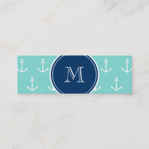 Mint Green White Anchors, Navy Blue Monogram Mini Business Card