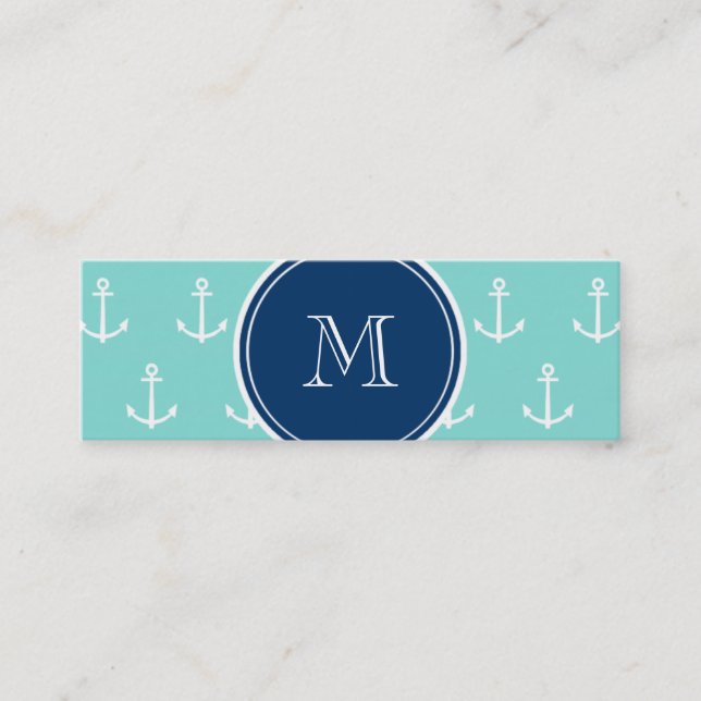 Mint Green White Anchors, Navy Blue Monogram Mini Business Card (Front)