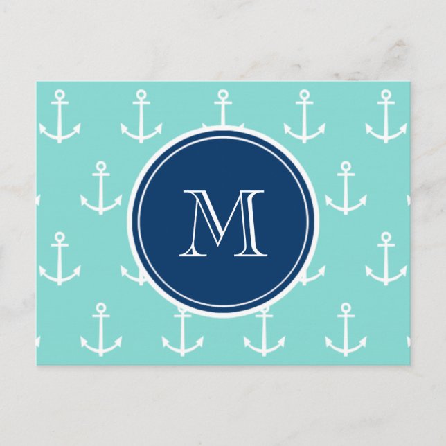 Mint Green White Anchors, Navy Blue Monogram Postcard (Front)