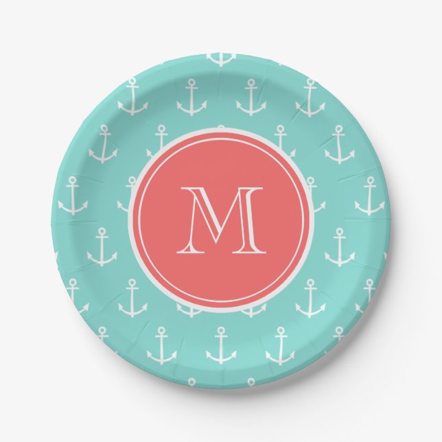 Mint Green White Anchors Pattern, Coral Monogram Paper Plate (Front)