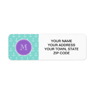 Mint Green White Anchors Pattern, Purple Monogram Return Address Label