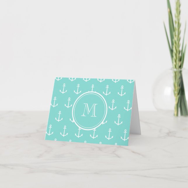 Mint Green White Anchors Pattern, Your Monogram Note Card (Front)
