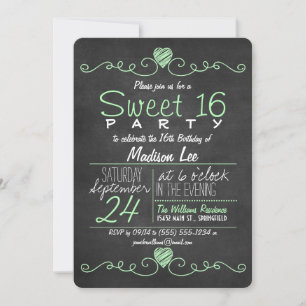 Mint Green, White Chalkboard Hearts Sweet 16 Party Invitation