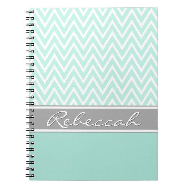 Mint Green White Chevron Zigzag Pattern Grey Name Notebook (Front)