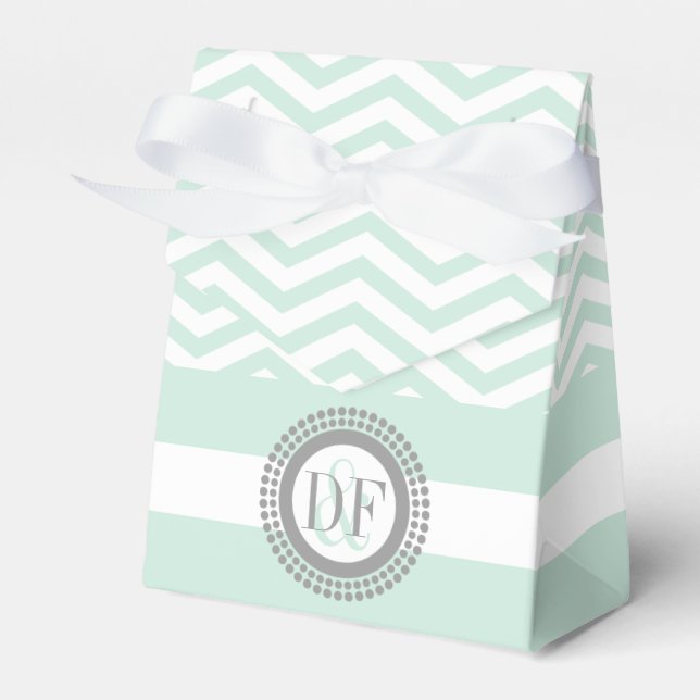 Mint green, white chevron zigzag pattern wedding favour box (Front Side)