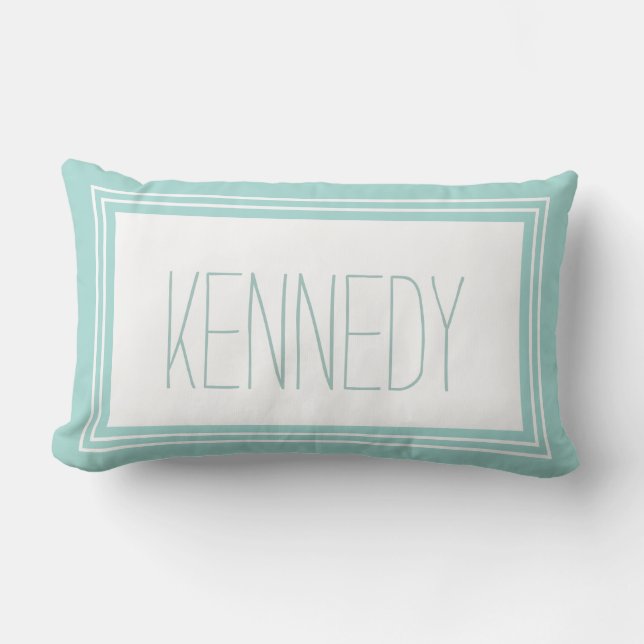 Mint Green White Custom Monogram Name Keepsake Lumbar Cushion (Front)