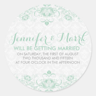 Mint-Green & White Damask Save The Date Sticker