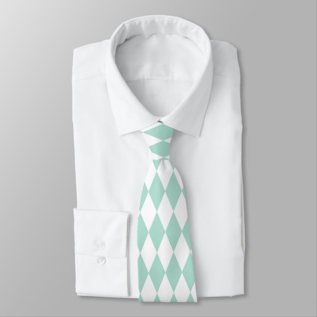 Mint Green & White Diamond Shapes Retro Neck Tie (Tied)