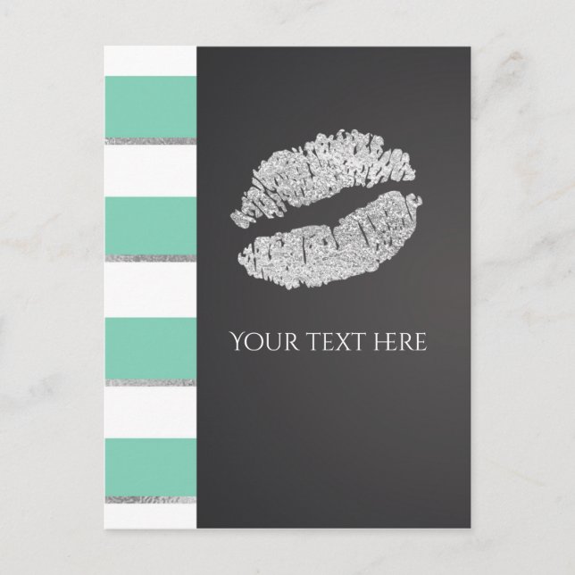 Mint Green & White Faux Silver Shimmer Lips Event Postcard (Front)