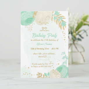 mint green white flowers gold floral birthday invitation