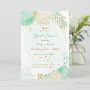 mint green white flowers gold floral bridal shower invitation