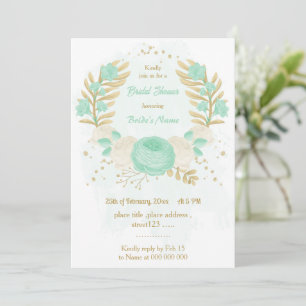 mint green white flowers gold floral bridal shower invitation