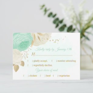 mint green white flowers gold floral meal choice RSVP card