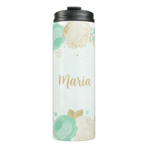 mint green white flowers gold floral thermal tumbler