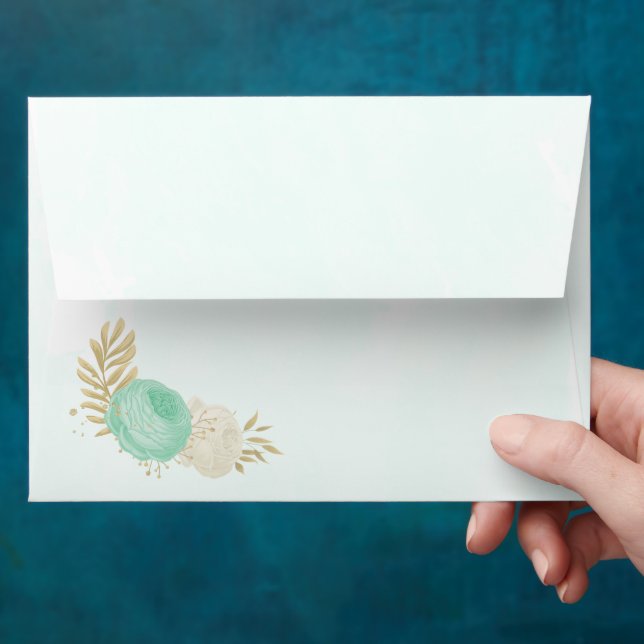 mint green &white flowers gold floral wedding envelope (Hand)