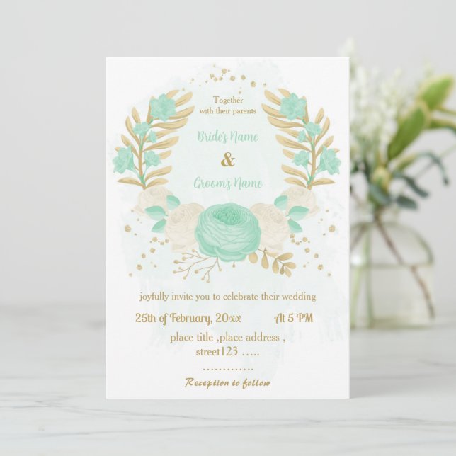 mint green &white flowers gold floral wedding invi invitation (Standing Front)