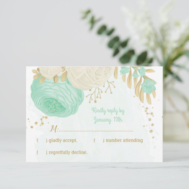 mint green white flowers gold floral wedding RSVP card (Standing Front)