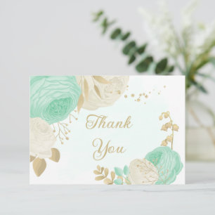 mint green &white flowers gold floral wedding thank you card