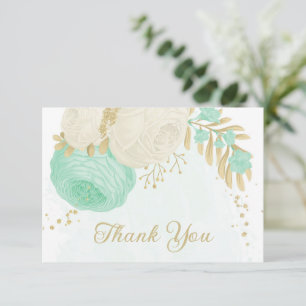 mint green &white flowers gold floral wedding thank you card