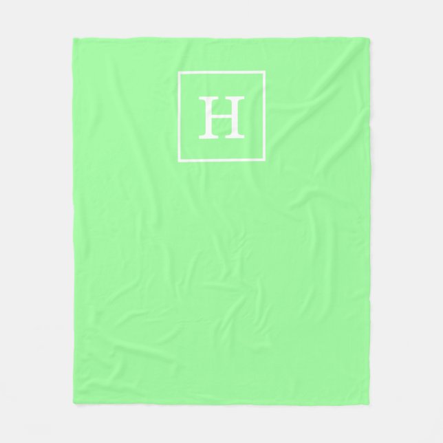 Mint Green White Framed Initial Monogram Fleece Blanket (Front)