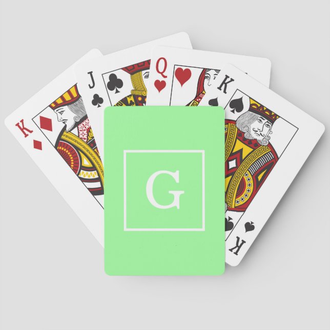 Mint Green White Framed Initial Monogram Playing Cards (Back)